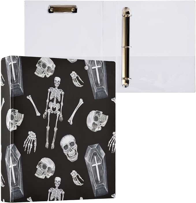 Coffin Skull Skeleton Binder 1.5 Inch Binder with Clipboard&Pockets, Black and White Goth Hardcover Binders 3 Ring Heavy Duty File Folder for Office School Supplies-Holds 200 Sheets, 2 Pack