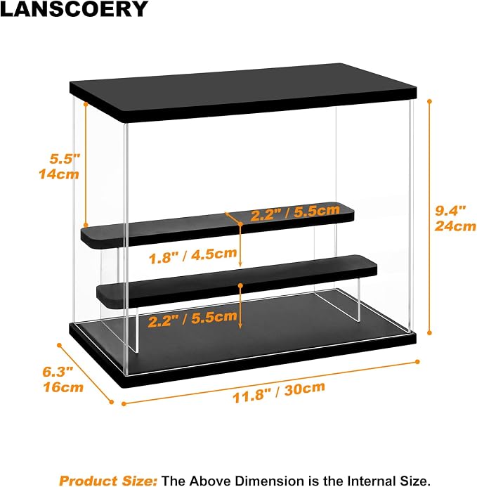 LANSCOERY Acrylic Display Case with RGBW Lights, 3 Tier Black | 11.8 x 6.3 x 9.4 in case displays small figures on desks or shelves with tiered rows and front access.