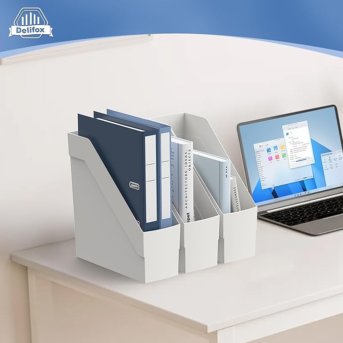 Delifox 3 Pack Magazine Rack, Plastic File Folder Bin Organizer, Gray