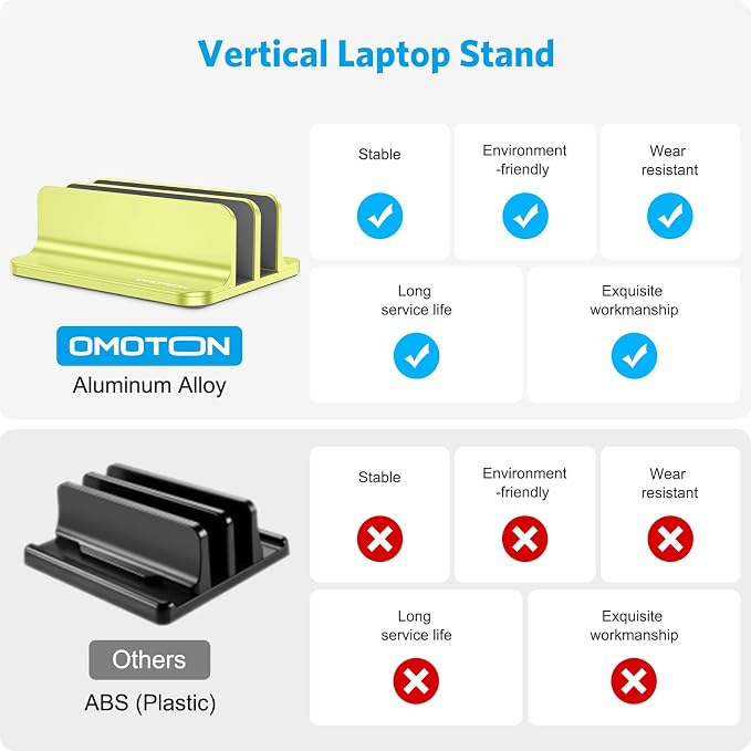 OMOTON Dual Vertical Desk Laptop Stand Holder, Fits MacBook Air/Pro, Citron | Aluminum Laptop Storage Rack for Desk, Adjustable Dock for Up to 17.3 in. Gaming Laptop, Space-Saving Desk Organizer