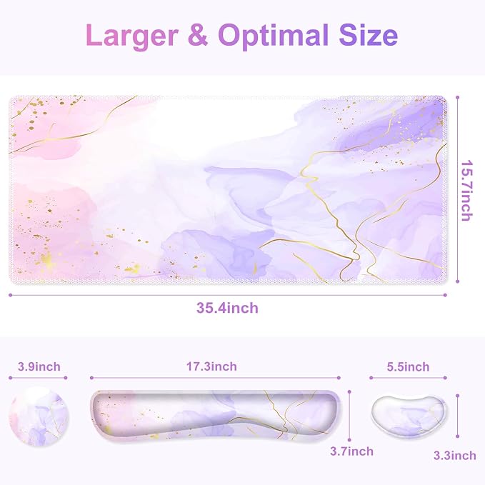 Large Gaming Mouse Pad Set, 4 in 1 Extended Keyboard Desk Mat with Wrist Rest, PC Computer Game Mousepad Set, Non-Slip Desk Pad Easy Typing Pain Relief for Home Office I Pink Purple Marble
