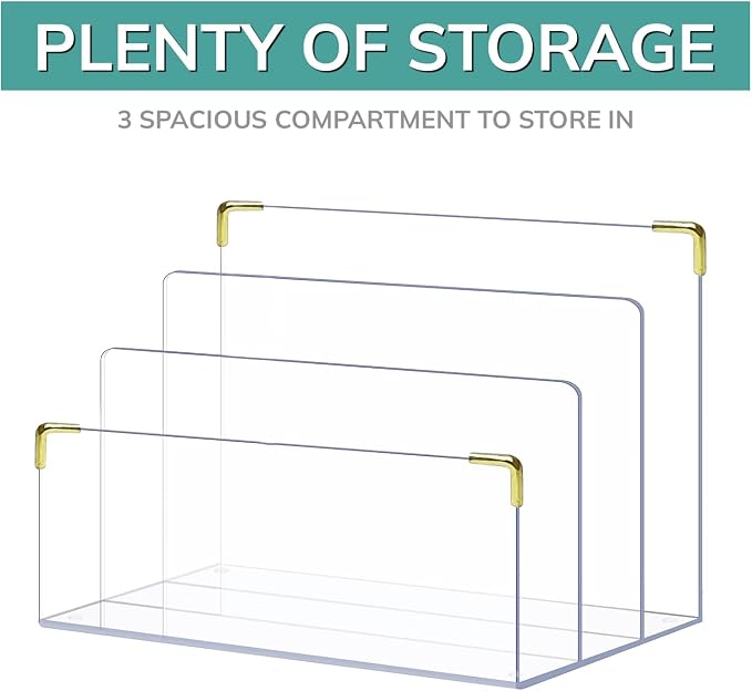 pbf Acrylic File Holder | Clear File Organizer for Desk w/ Gold Accents | Acrylic Desk Organizer, Folder Holder, Mail Sorter, File Stand, Magazine Divider, Laptop, Notebook, & Letter Organizer