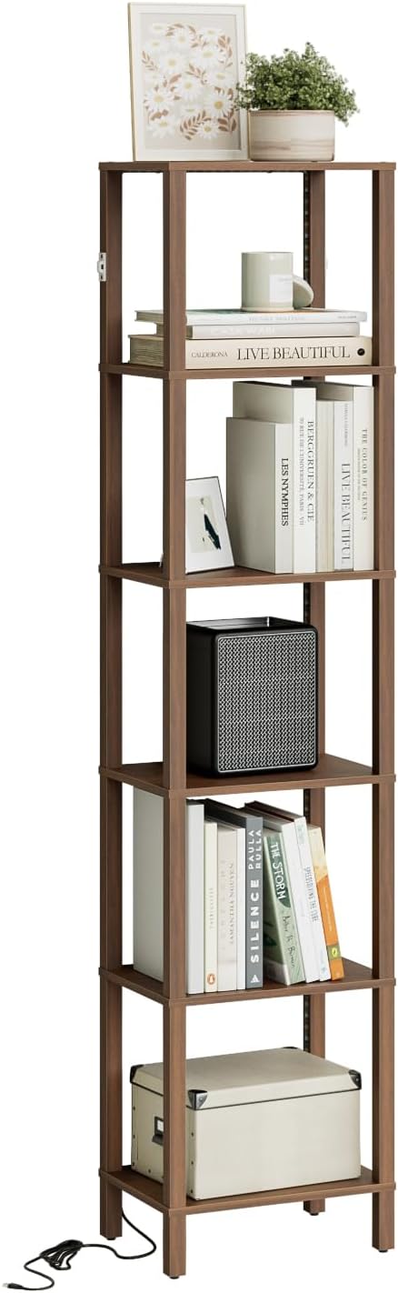 Open Book Shelf with LED Lights, 6 Tier Tall Bookshelf, Freestanding Shelf Narrow Bookcase with Open Shelves, 14.57" x 10.63" x 65.83", Book Shelves for Living Room, Office, Study, Walnut