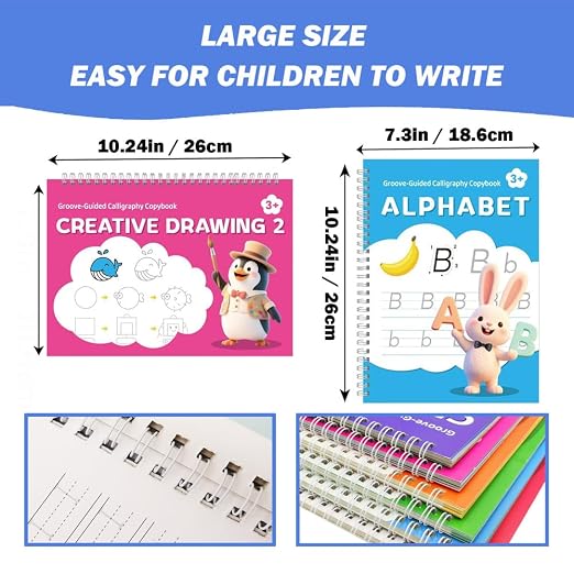 ROYFACC Grooved Writing Books Groove Handwriting Practice for Kids 3-8 Large Reusable Groove Workbooks Tracing Books Preschool Learning Letter Number Math Drawing with Disappearing Ink Pens, 6 Books