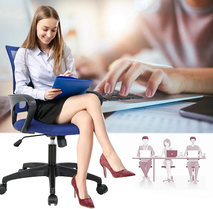 BestOffice | Ergonomic Office Chair | Mid-Back Swivel Desk Chair | Breathable Backrest & Lumbar Support | Adjustable Height | Sponge Seat | Rolling Wheels | Blue | for Adults & Women | Pack of 2