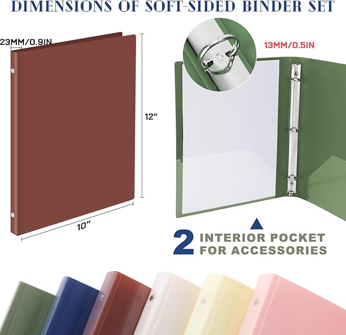 Fulmoon 6 Pack 0.5 Inch Plastic 3 Ring Binders with Pockets, Morandi Colors | Flexible Covers with Round Rings and Front Pockets for Organizing Papers at School, Office, Meetings and Presentations