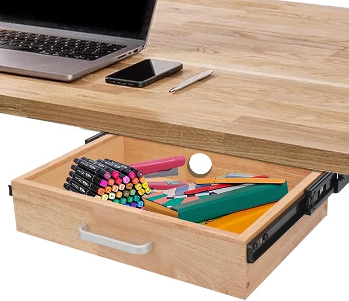 Under Desk Drawer Storage Organizer - Wooden Mounted Sliding Pull-out Drawer, Hidden Desktop Organizer for Office