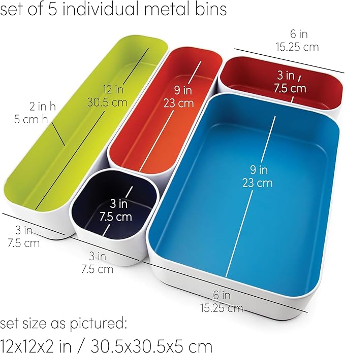 Three by Three Seattle Metal Drawer Organizer Tray Set, 5-Pc, 2" (Assorted) | Deep 2" food-safe metal bins; soft non-scratch base; perfect for kitchen utensils, tools & bulkier drawer items