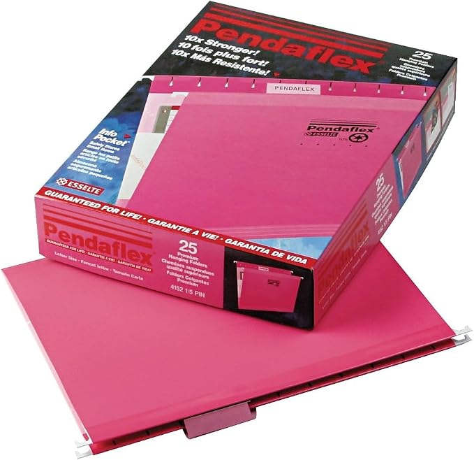 Pendaflex Reinforced Hanging File Folders, Letter Size, Pink, 1/5 Cut, 25/BX (4152 1/5 PIN)