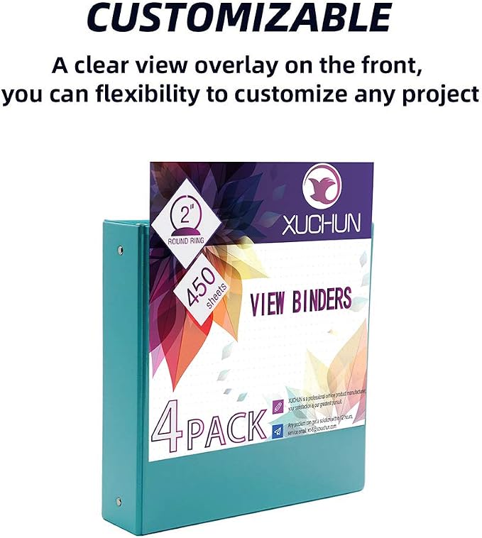 XUCHUN 3 Ring Binders 2 Inch,Clear View Binder with 2 Pockets, Holds 450 Sheets 8.5x11 Inches Paper, Customizable Cover & Spine, Large Capacity Binders for Office, School, Home, Business