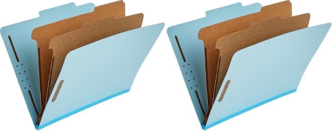 Amazon Basics Classification Folder with Prongs, 100% Recycled, 2 Dividers, 2" Embedded Fasteners, Letter Size, for Documents Organization, Light Blue, 10 Count (Pack of 2)