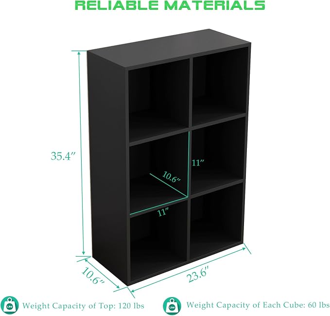 6-Cube Storage Shelf Bookcase, Black | Wooden 3-Tier Open Bookshelf, Fits 11×11" Bins, Vertical or Horizontal Use, Full Back Panels, For Home Office