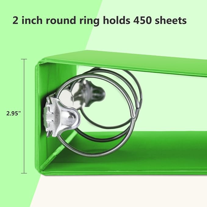 ViVin 2 Inch Round Ring View Binder for Durability, 6-Pack (Ivy Green) | Standard 3 Ring Binder for 450 Sheets of US Letter Size Paper, PVC-Free, Clear Front Pocket, Office Home School Use
