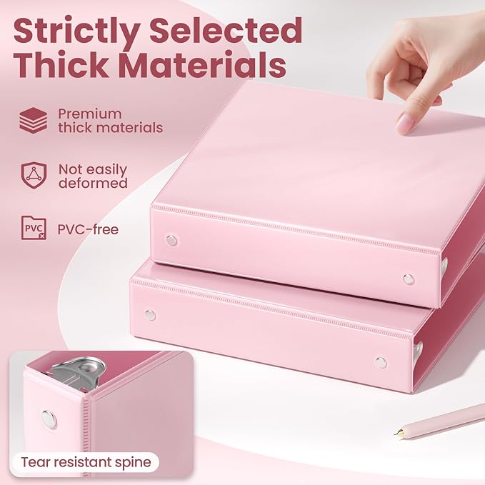 SUNEE 1.5 Inch Binders 3 Ring 4 Pack, Clear View 1 1/2 Inch Binders Three Ring PVC-Free (Fit 8.5x11 Inches) for School or Office Supplies, Pink