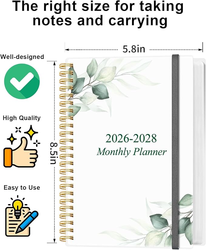 2026-2028 Monthly Planner - 36 Month PLanner Calendar from January 2026 to December 2028, 3 Year Planner 2026-2028 with Flexible Cover, Inner Pocket, Perfect for Home | School | Office, 5.8" x 8.5", Green Leaf