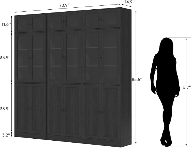 TUSY 85.5" Modern Tall Bookcase with Glass Doors, 7-Tier Wood Bookshelf with Storage for Home Office, Large Curio Cabinet for Living Room, Office, Bedroom, Family Room (Black, BBB)
