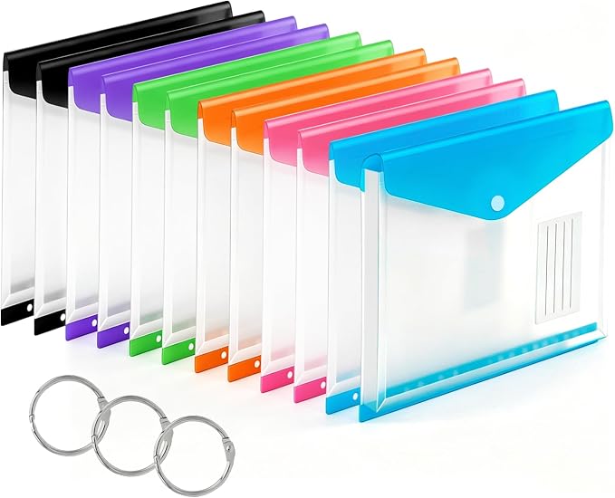12 Pack Plastic Envelopes Binder Pocket 11 Holes Expandable Binder Folders for 2/3/4 Ring Document Pouch with Snap Button & Label Loose-Leaf Transparent for School Home Office (Side-Opening)