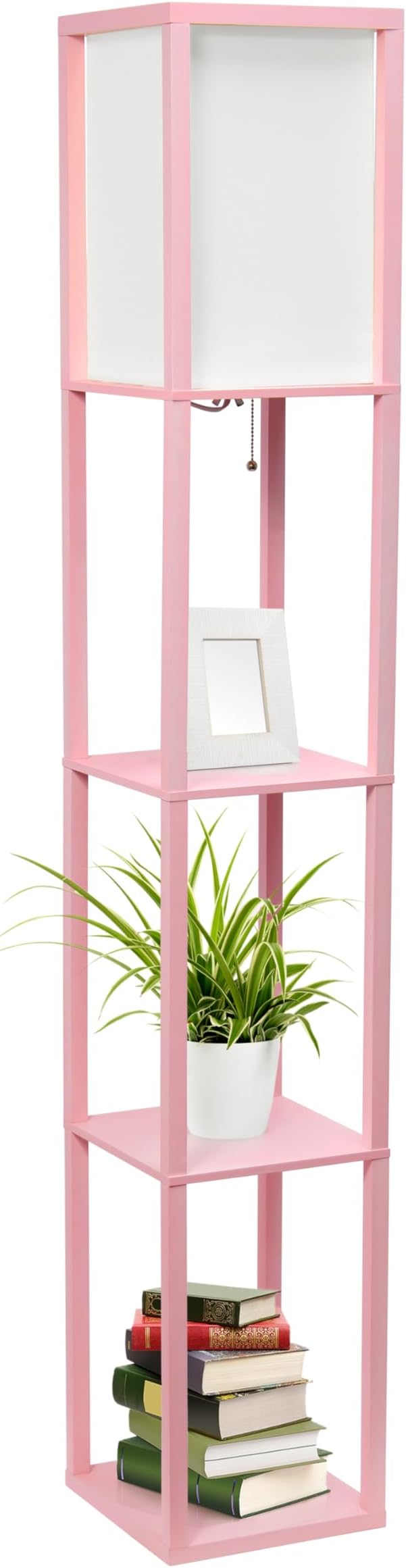Simple Designs LF1014-LPK Etagere Organizer Storage Shelf Linen Shade Floor Lamp, Light Pink