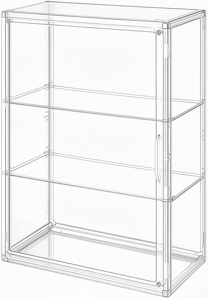 3-Tier Acrylic Display Case for Figures, Wall-Mounted Clear Action Figure Storage Organizer with Magnetic Door & 2 Adjustable Shelves, Dustproof Showcase for Collectibles, 1 Pack