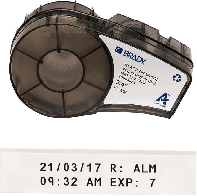 Brady Authentic (M21-750-7425) Chemical and Temp Resistant Label for Lab, Asset Tracking, and Datacom Labeling, Black on White- For M210, M210-LAB, M211, BMP21-PLUS and BMP21-LAB Printers, .75" W 21'L
