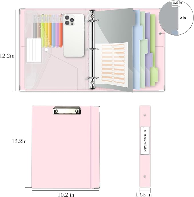 3 Ring Binder Organizer, 1 Inch Three Ring Binders with Clipboard, 5-Tabs Pockets Dividers, Transparent Plastic Folder, Pen Loop, 18 Divider Stikers, BVSSX Decorative Binder,Pink, Letter Size