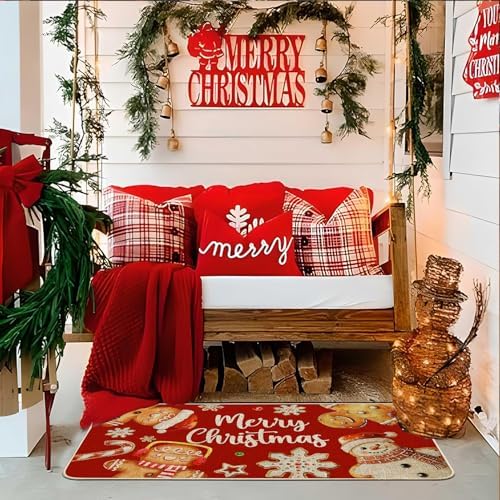 Baccessor Christmas Gingerbread Kitchen Rugs Set of 2,Red Gingerbread House Xmas Winter Snowman Kitchen Mats Washable Non Slip for Floor Hallway Laundry Sink Holiday Home Decor 17x29 and 17x47 Inch
