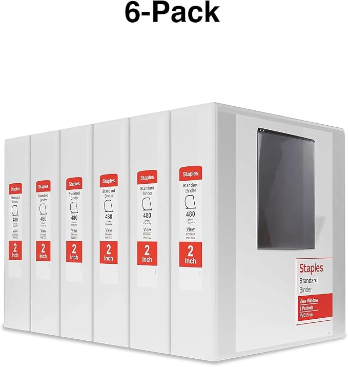 Staples 3-Ring Binder, 2 Inch D-Ring, White, 480 Sheets, 6-Pack | High-capacity organizer for home, office, and school document storage.