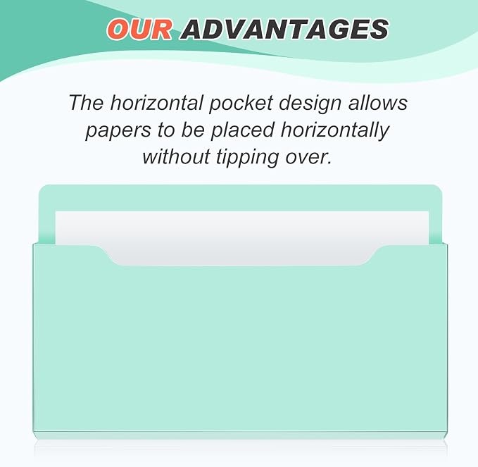 Feifeiya 2 Pcs Magnetic File Folder Wall Hanging Holder Large Pocket Paper Magazine Mail Organizer for Refrigerator Classroom Locker Whiteboard(Horizontal,Mint Green,13.8 x 8.3 Inches)