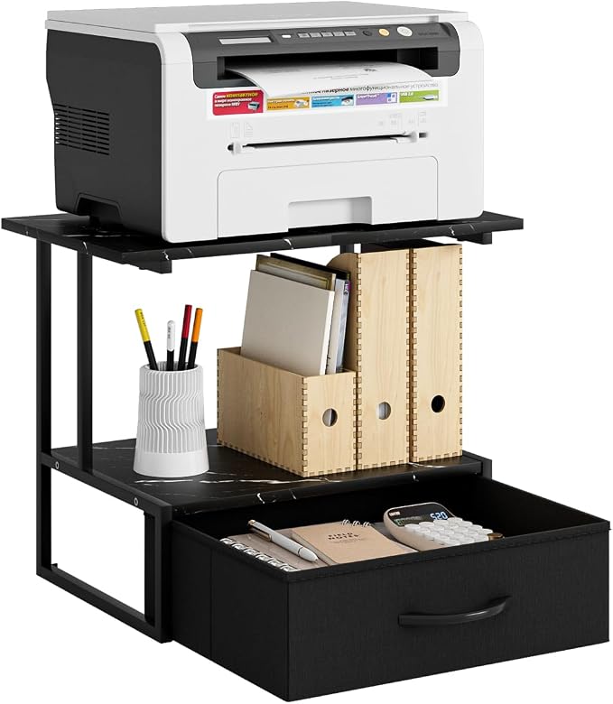 Masupu Printer Stand for Desk, Printer Table with Fabric Storage Drawer, 2 Tier Desktop Shelf, Multi-Purpose Desk Organizer for Home Office, 3D Printer, Fax Machine, Scanner, Marble Black