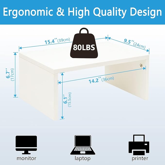 TEAMIX White Monitor Stand - 6.7 inch Tall, Wood Riser, Desk Organization | Laptop/Printer/Computer Stand, Extra Storage Underneath, Minimalist, Modern Design, Smooth White Finish, for Home Office