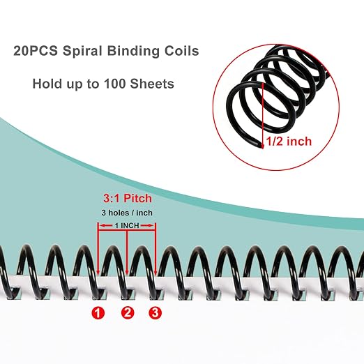 5-Hole Punch Square Paper Punch Manual Book Binding Machine with 20PCS 3:1 Pitch Plastic Spiral Binding Coils for Planners, Notebooks, Journals or Scrapbooks (Silver and White)