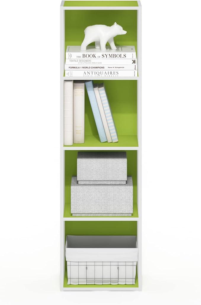 Furinno PASIR Book Shelf, 4-Tier Modern Bookshelf, Open Shelves Bookcase 9 x 12 x 42, Easy Assembly, for Living Room, Bedroom, Home Office, Green/White