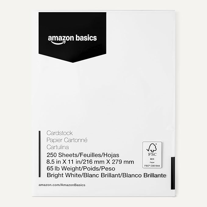 Amazon Basics Cardstock Paper, 8.5" x 11", 65 lb/176 gsm, 96 Bright White, 250 Sheets (Pack of 2)