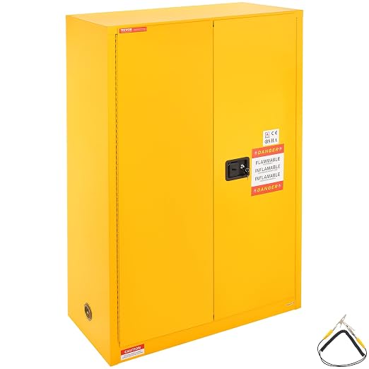 VEVOR Flammable Cabinet, 45 Gal, 18" x 43" x 65", Yellow | Cold-Rolled Steel, Explosion Proof, 2 Adjustable Shelves, 2 Manual Doors, Industrial Use