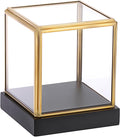 Hipiwe Clear Glass Display Box Case for Collectibles with Black Wood Base | Vintage Gold Display Case for Plants Action Figurine Models Keepsake Boxes, Square, 3.3x3.3x3.6 Inch