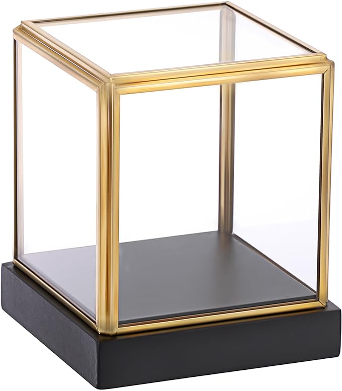 Hipiwe Clear Glass Display Box Case for Collectibles with Black Wood Base | Vintage Gold Display Case for Plants Action Figurine Models Keepsake Boxes, Square, 3.3x3.3x3.6 Inch