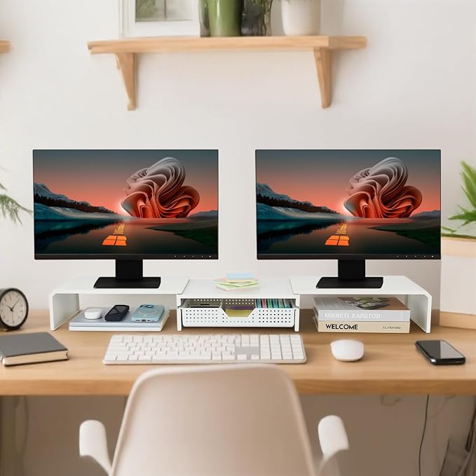 LEKETREE Dual Monitor Stand Riser with Drawer, Desk Organizer and Accessories, Metal Laptop Stand for Desk, Workspace Desktop Stand for Computer, Laptop, TV and More (White)