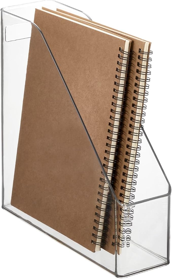 mDesign Plastic Slim Vertical File Folder Storage Organizer Bin with Handle, Hold Notebooks, Binders, Envelopes, Magazines for Home Office, Work Desktops, Ligne Collection, 8 Pack, Clear