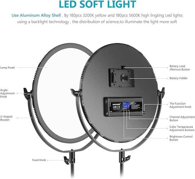 NEEWER LED Bi Color Studio Round Lighting, Ultra Thin Edge Flapjack Light | 18''/45.5cm, 70W, Dimmable Portrait Light, with AC Adapter, 2.4G Wireless Remote, Battery/Light Stand Not Included