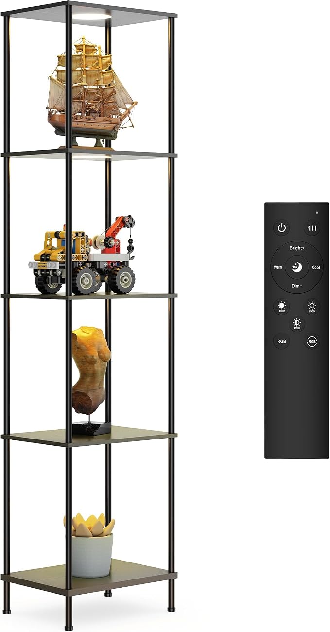 Display Shelf with RGBW Light, Color Changing Curio Cabinet Floor Lamp with Shelves Corner Standing Column Lamp Etagere Organizer Tower Nightstand Bookcase for Living Room Bedroom Office Décor Black