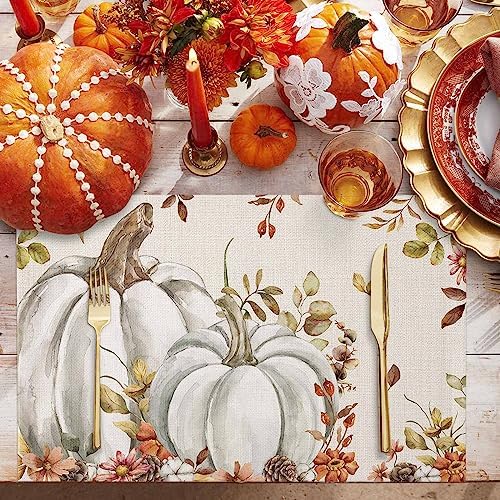 Fall Floral Leaves Placemats Set of 4, Thanksgiving Pumpkins Heat Resistant Washable Table Place Mats Boho Cotton Table Linens Party Holiday Decorations for Home Kitchen Dining Table Outdoor Indoor,