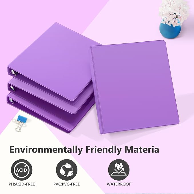 ViVin Sturdy 1 Inch D Ring Binders with 2 Pockets, 6 Pack, Purple | 3 Ring Binders with Clear View Cover, Hold 225 Sheets of US Letter Size Paper, PVC-Free for Office, Home, School