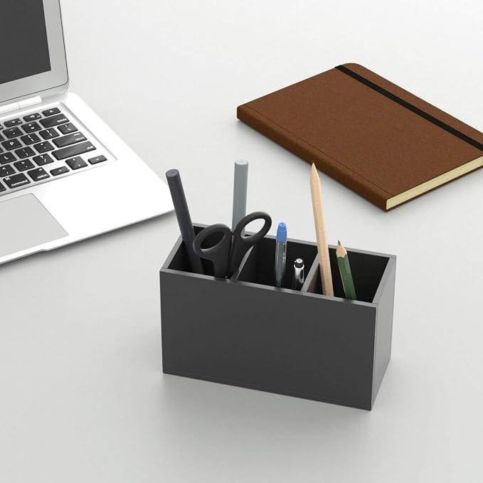 NIUBEE Black Pen Holder 3 Compartments, Acrylic Desk Pencil Organizer Cup | Scratch-resistant thick acrylic with 3 slots for pens, pencils, makeup brushes, office, vanity and school use