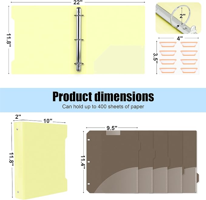 4 Pack 2 Inch 3 Ring Binder & 5 Tab Dividers with 2 Pockets | Fits 8.5x11" Letter Size, Holds 400 Sheets, Large Capacity Binder Organizer with Pockets, Refillable 3 Round Ring Binder