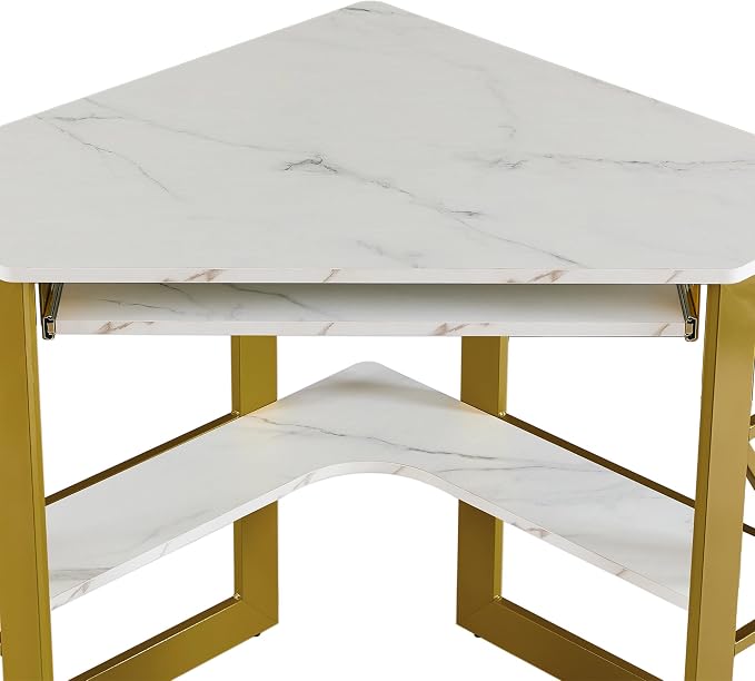 VECELO Corner Desk Computer Desk Writing Table with Smooth Keyboard Tray&Storage Shelves for Small Spaces/Compact Home Office Triangle Table,Gold & White