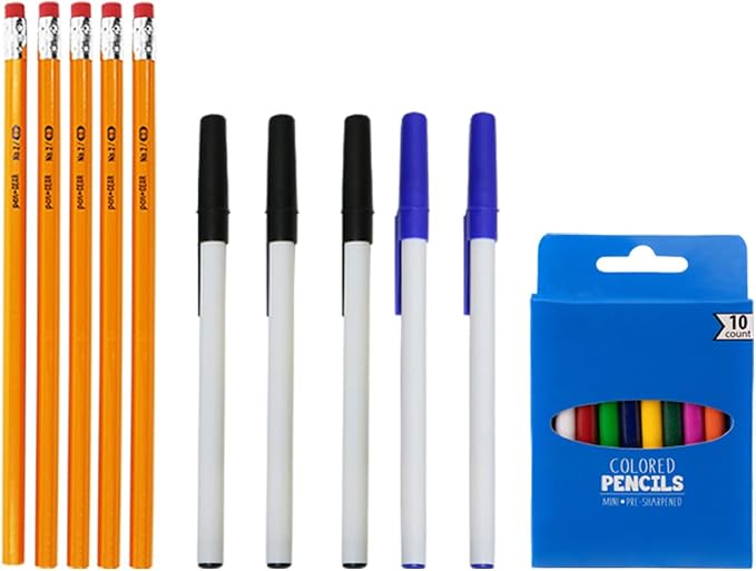 Moda West 24 Pack Bulk School Supplies 50 Piece Kit - Pens, Pencils, Crayons, and More - Value Pack of 24 Kits - Essential Box of School Supplies for Elementary, Middle, and High School Students