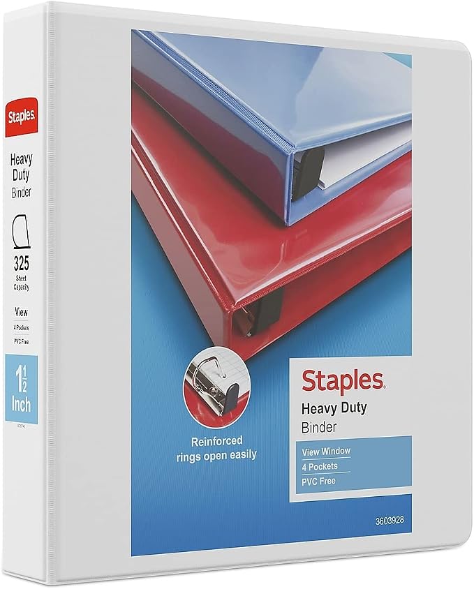 Staples Heavy-Duty 1.5-Inch 3-Ring View Binder, Durable, 350 Sheets | Reinforced spine for durable everyday school and office storage.