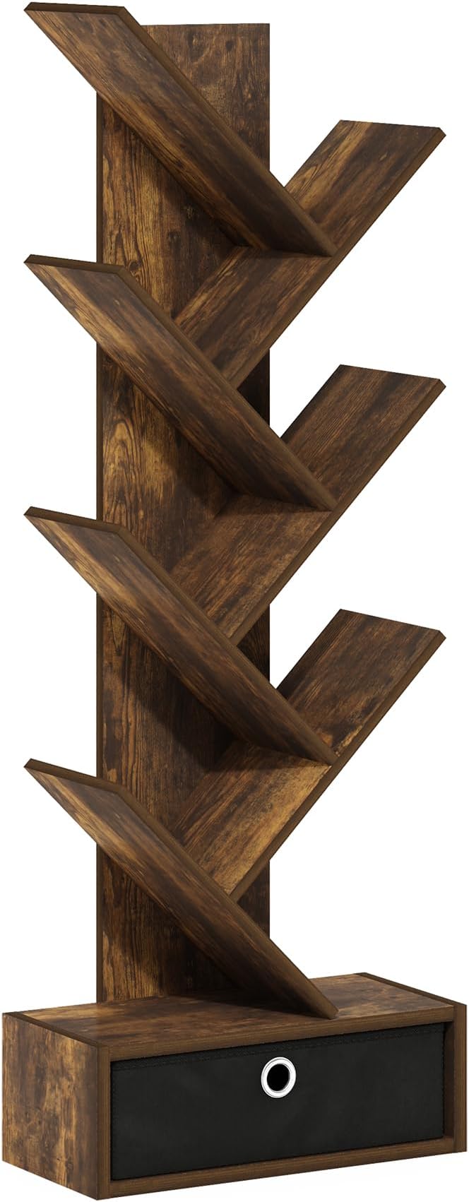 Furinno Tree Book Shelf, 7-Tier Bookshelf, Tree Bookcase with Bin Drawer, 8.4 x 16.9 x 46.2, for Living Room, Bedroom, Home Office, Amber Pine/Black