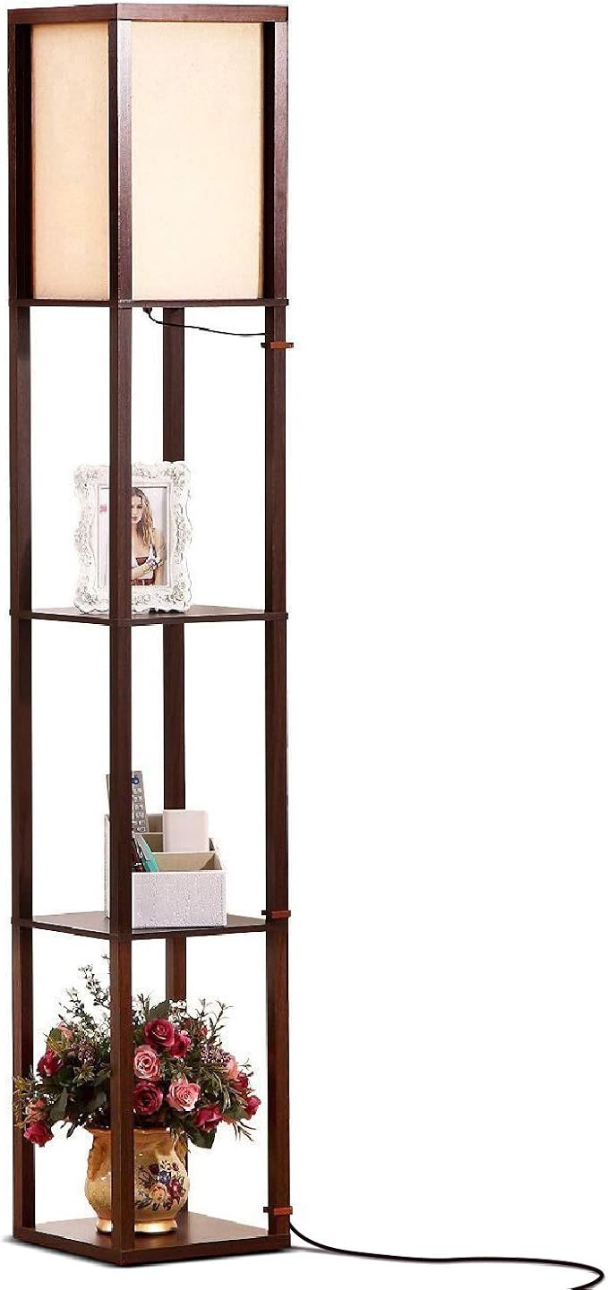 Brightech Maxwell - Modern Shelf Floor Lamp with Lamp Shade & Warm White LED Bulb, Corner Display Floor Lamp with Shelves for Living Room, Bedroom, Nightstand Office, Home Decor Storage - Havana Brown