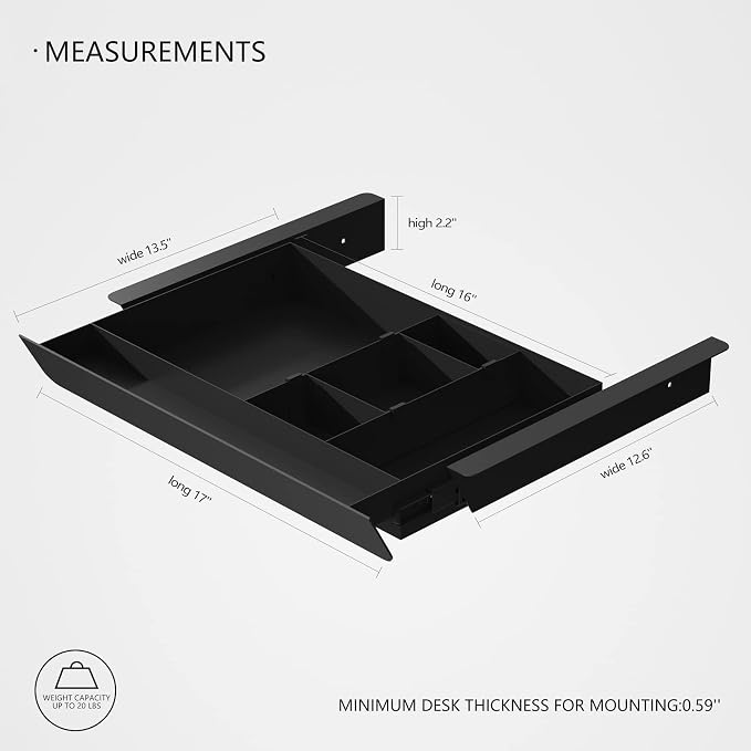 Under Desk Mounted Sliding Pull-out Drawer with Pencil Tray and Slide Storage Tray, 17'' long & 13.5'' deep Large Storage Organizer for Sit Stand Workstation